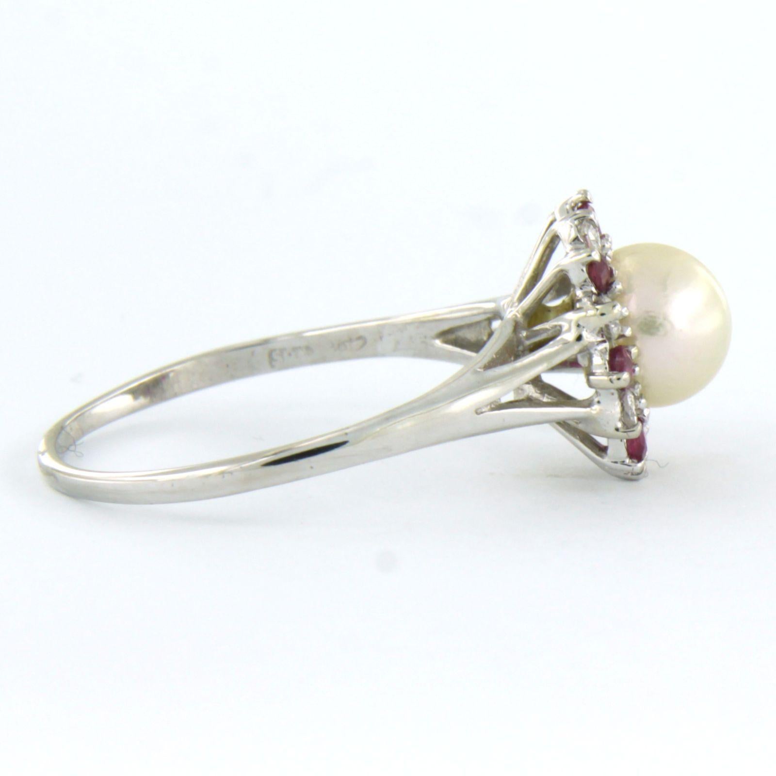 Moderne Bague sertie d'une perle, d'un rubis et de diamants taille brillant 0,23 ct, or 14k 3,1 grammes en vente