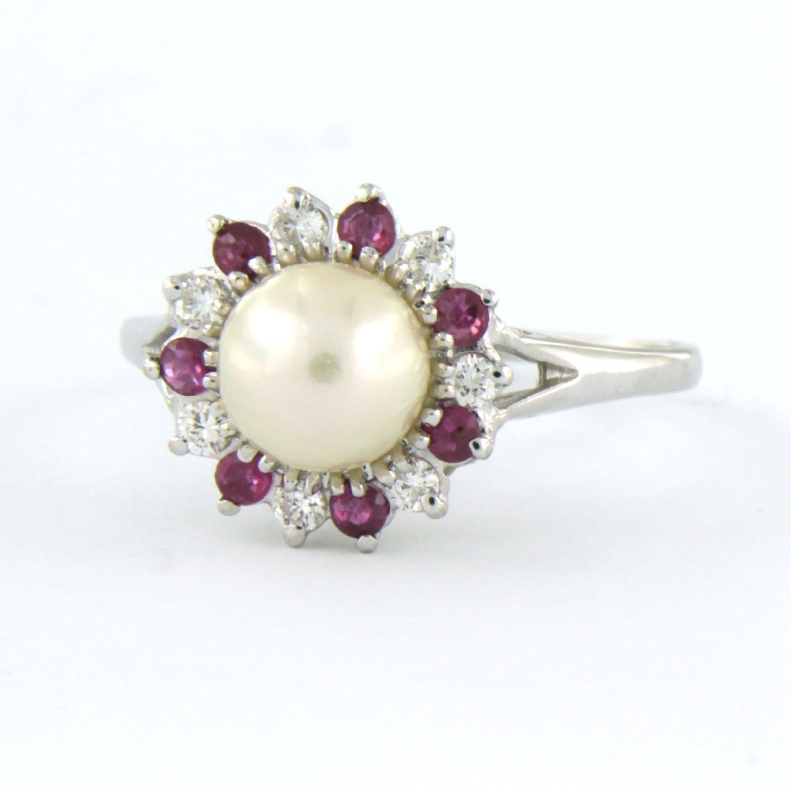 Bague sertie d'une perle, d'un rubis et de diamants taille brillant 0,23 ct, or 14k 3,1 grammes Pour femmes en vente