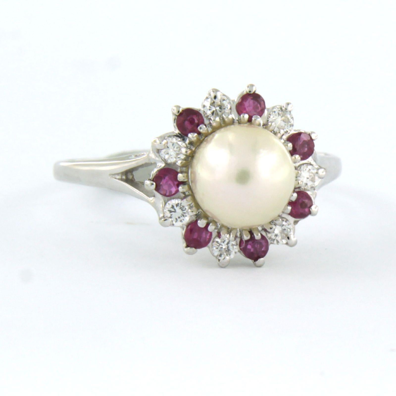 Bague sertie d'une perle, d'un rubis et de diamants taille brillant 0,23 ct, or 14k 3,1 grammes en vente 1
