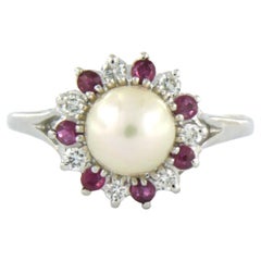 Ring set with pearl, ruby and brilliant cut diamonds 0.23 ct, 14k gold 3.1 grams