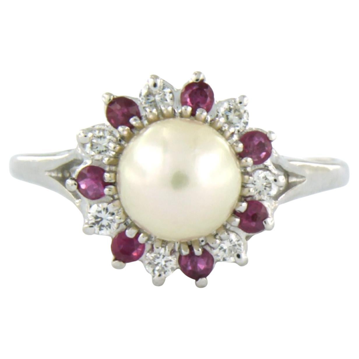 Bague sertie d'une perle, d'un rubis et de diamants taille brillant 0,23 ct, or blanc 14k