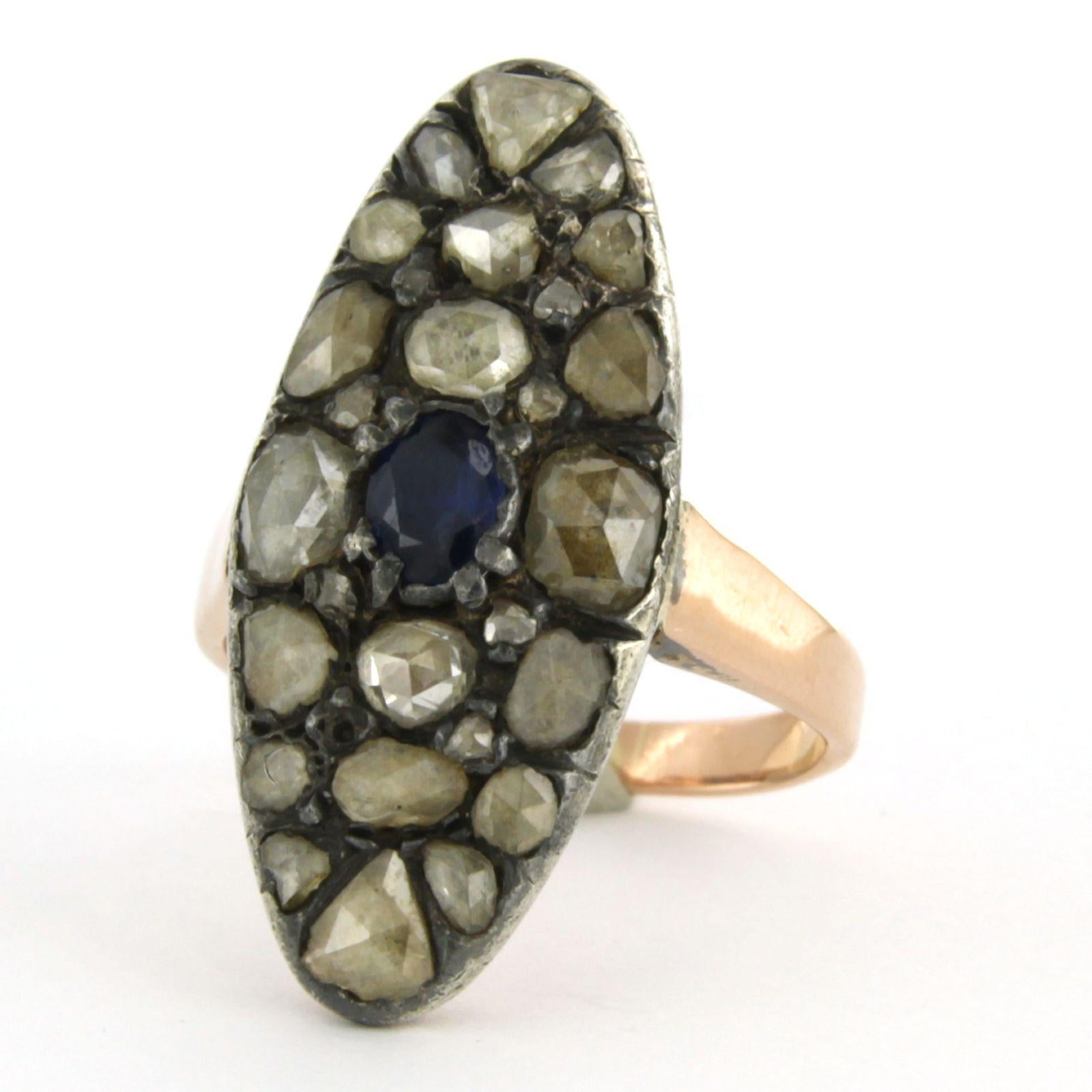 Ring aus 14 Karat Roségold und Silber mit Saphiren und Diamanten (Rosenschliff) im Angebot