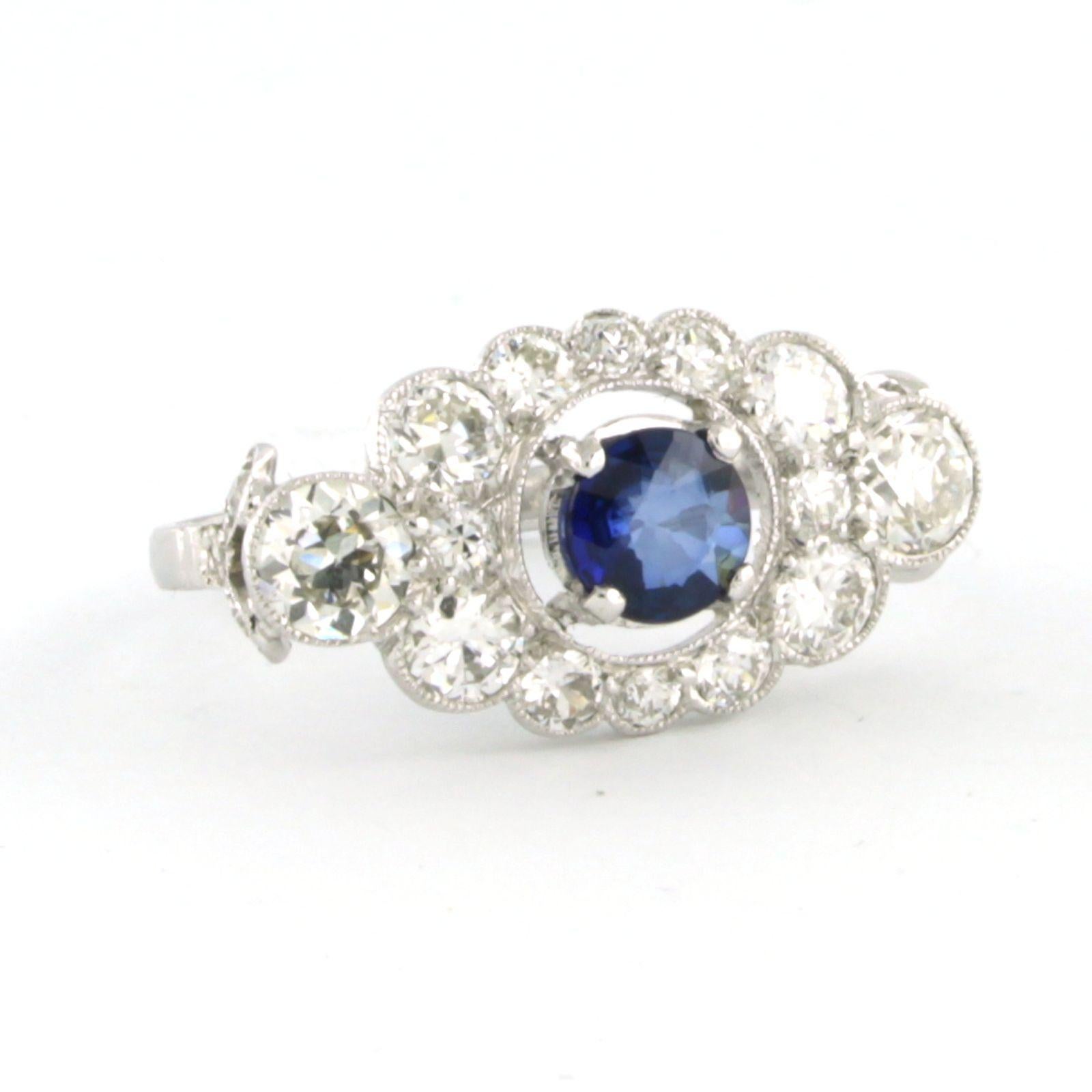 Art Nouveau Ring set with sapphire and old mine cut diamonds up to 2.00ct platinum ring For Sale