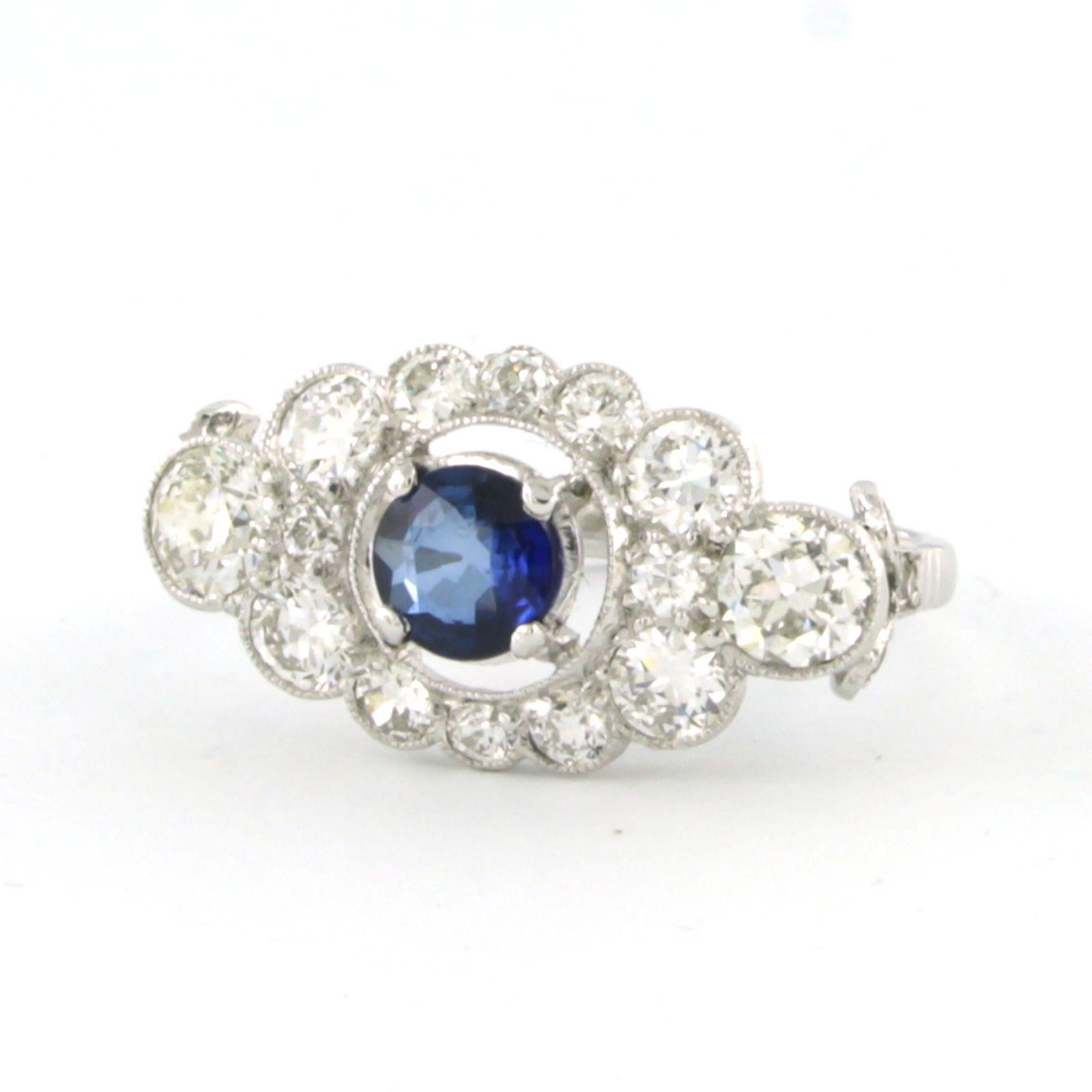 Old Mine Cut Ring set with sapphire and old mine cut diamonds up to 2.00ct platinum ring For Sale