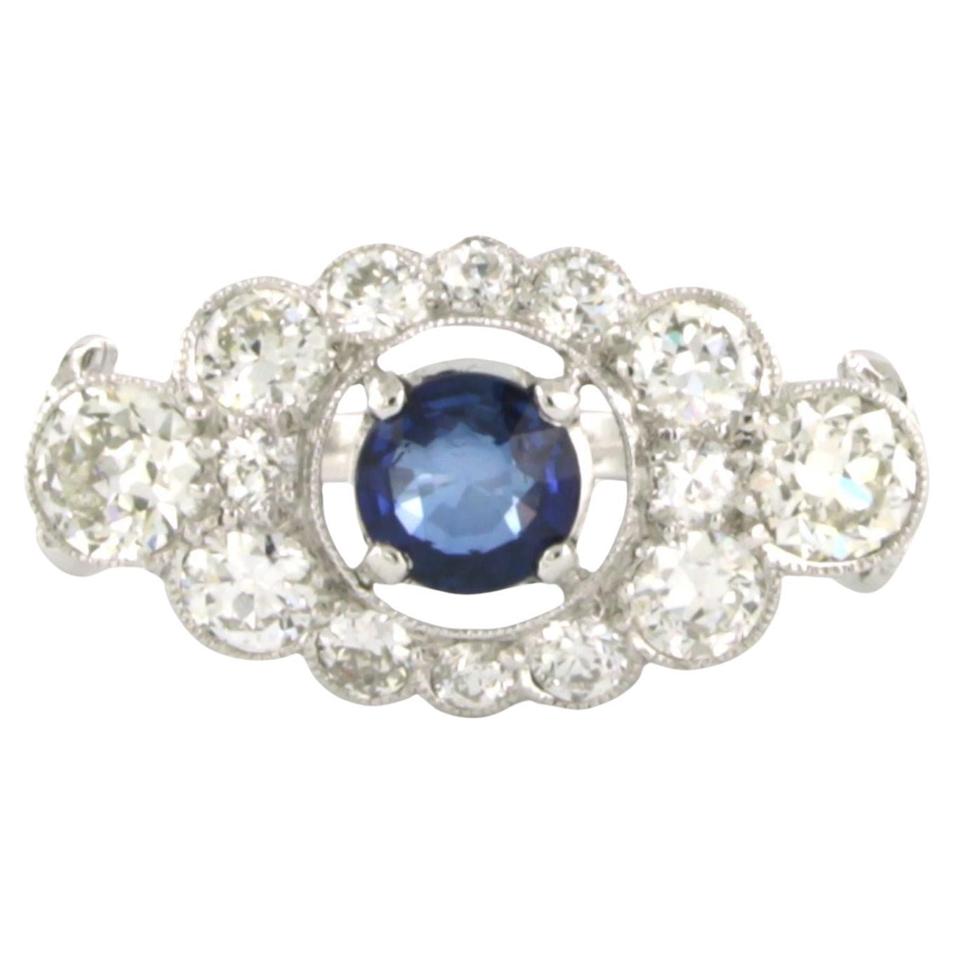 Ring set with sapphire and old mine cut diamonds up to 2.00ct platinum ring For Sale