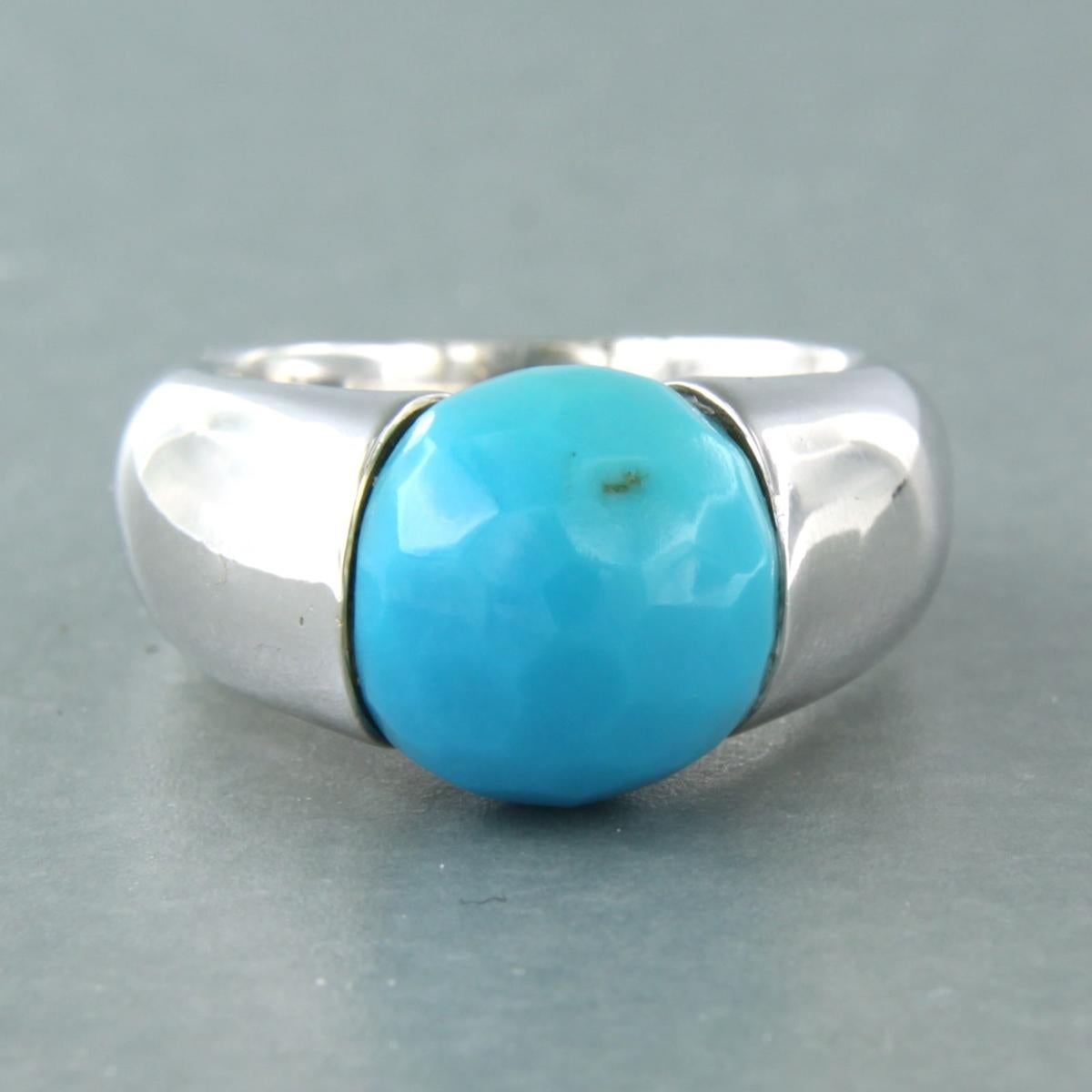 14k white gold ring set with turquoise - ring size US 7.5 - EU. 17.75 (56)

detailed description:

the top of the ring is 1.3 cm wide

weight 20.6 grams

ring size US 7.5 - EU. 17.75 (56), ring can be enlarged or reduced a few sizes - to a limited