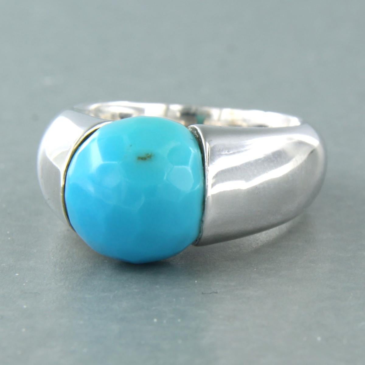 Ball Cut Ring set with turquoise 14k white gold For Sale