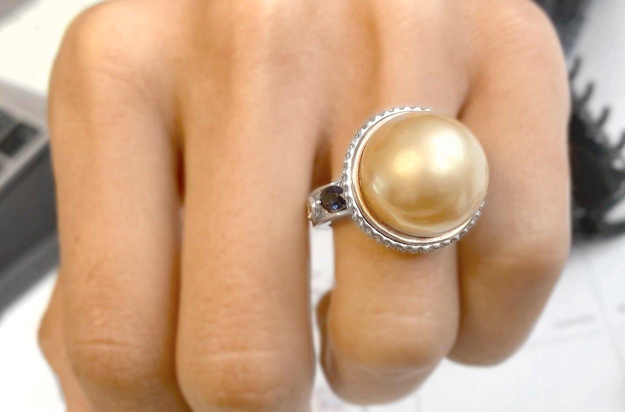 Round Cut Ring South Sea Golden Pearl with Diamonds & Blue Sapphire 18Kt For Sale