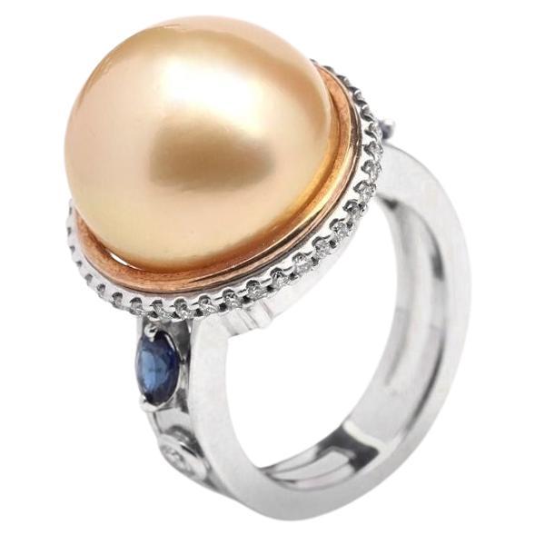 Ring South Sea Golden Pearl with Diamonds & Blue Sapphire 18Kt For Sale