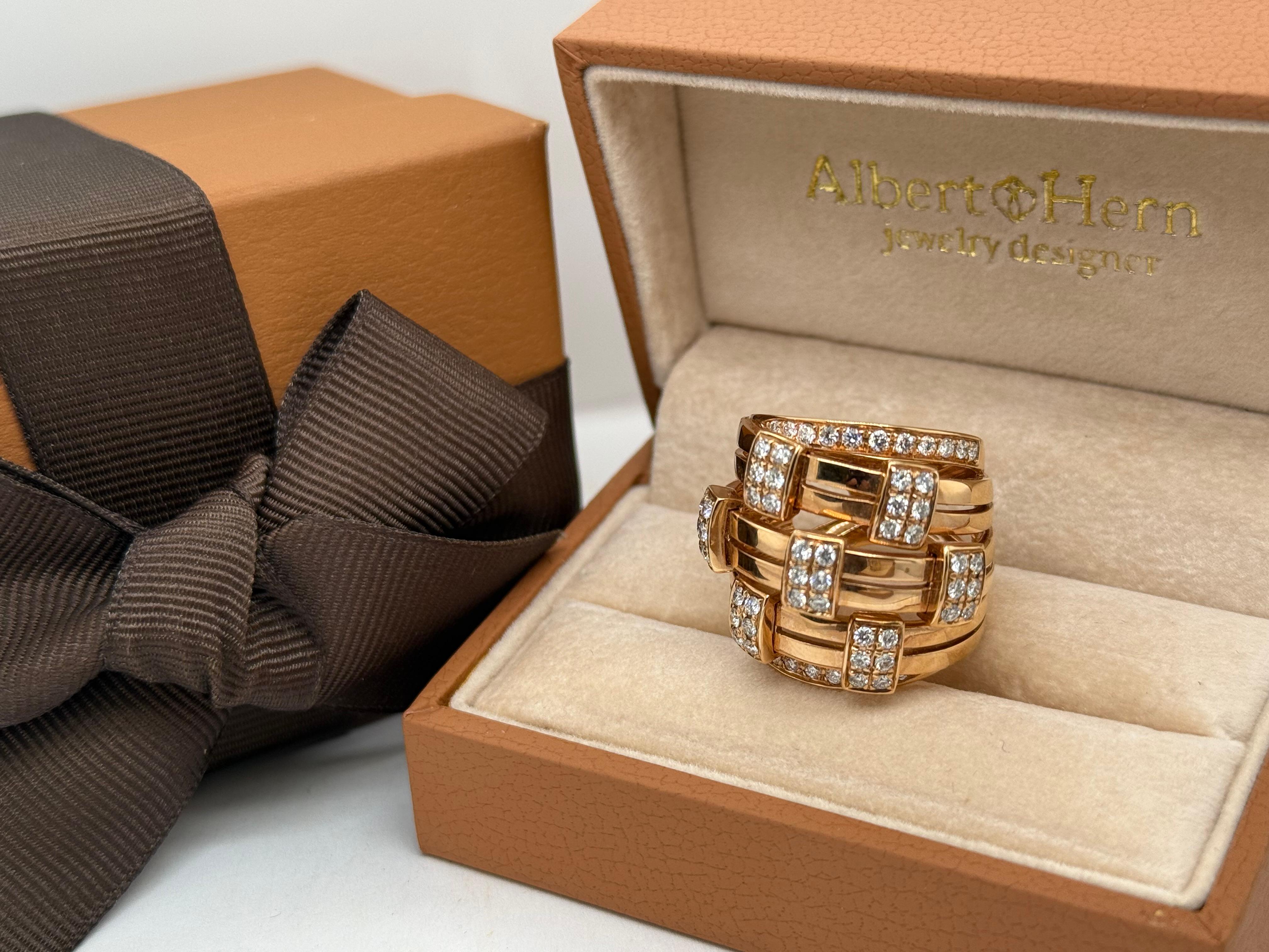 A refined stacking ring crafted in luminous 18kt rose gold, adorned with 64 brilliant diamonds totaling 1.15 carats. Designed for effortless elegance, it offers a perfect balance of sparkle and sophistication—ideal for wearing alone or layered in