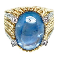 Ring Straw Band with Starry Cabochon Sapphire and Diamonds in Gold 18 Karats