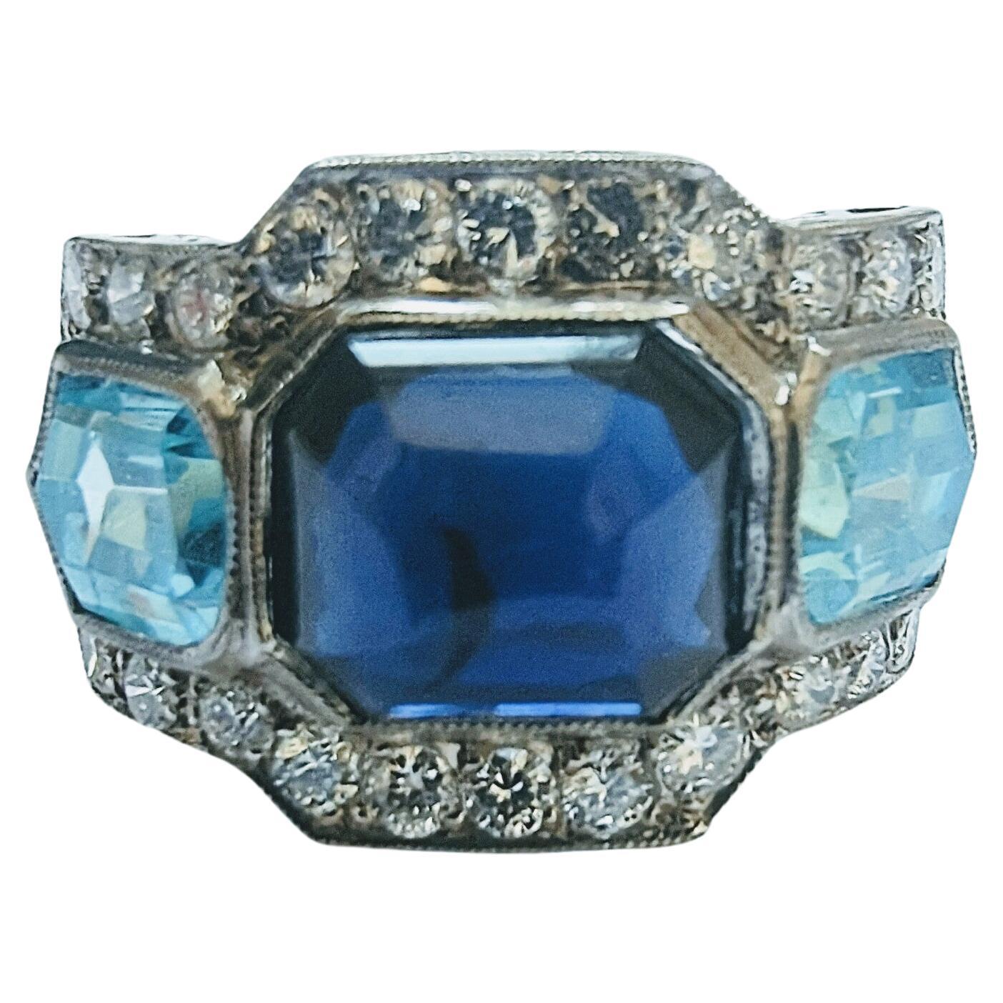 Ring Sugarloaf Cabochon Shappire Aquamarine and Diamond Brilliant Cut Platinum For Sale 5