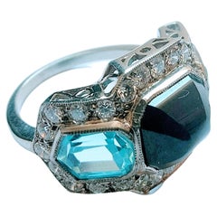 Ring Sugarloaf Cabochon Shappire Aquamarine and Diamond Brilliant Cut Platinum