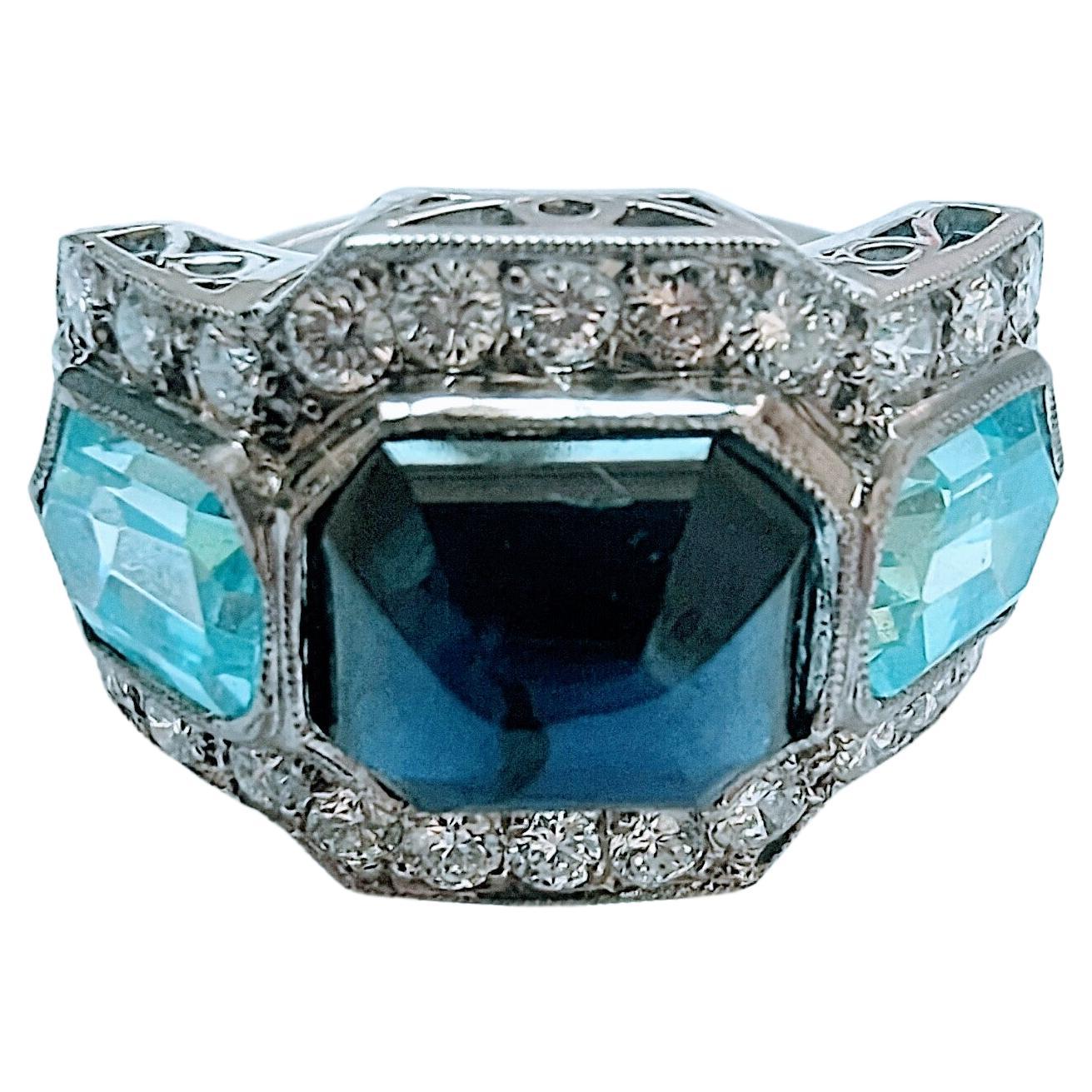 Modern Ring Sugarloaf Cabochon Shappire Aquamarine and Diamond Brilliant Cut Platinum For Sale