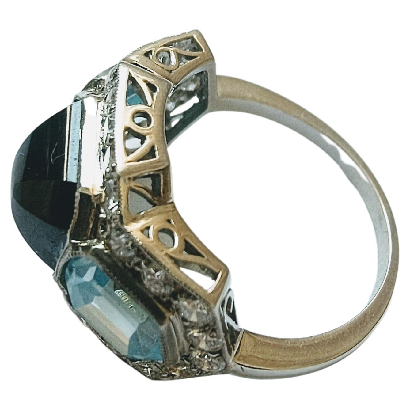 Women's or Men's Ring Sugarloaf Cabochon Shappire Aquamarine and Diamond Brilliant Cut Platinum For Sale