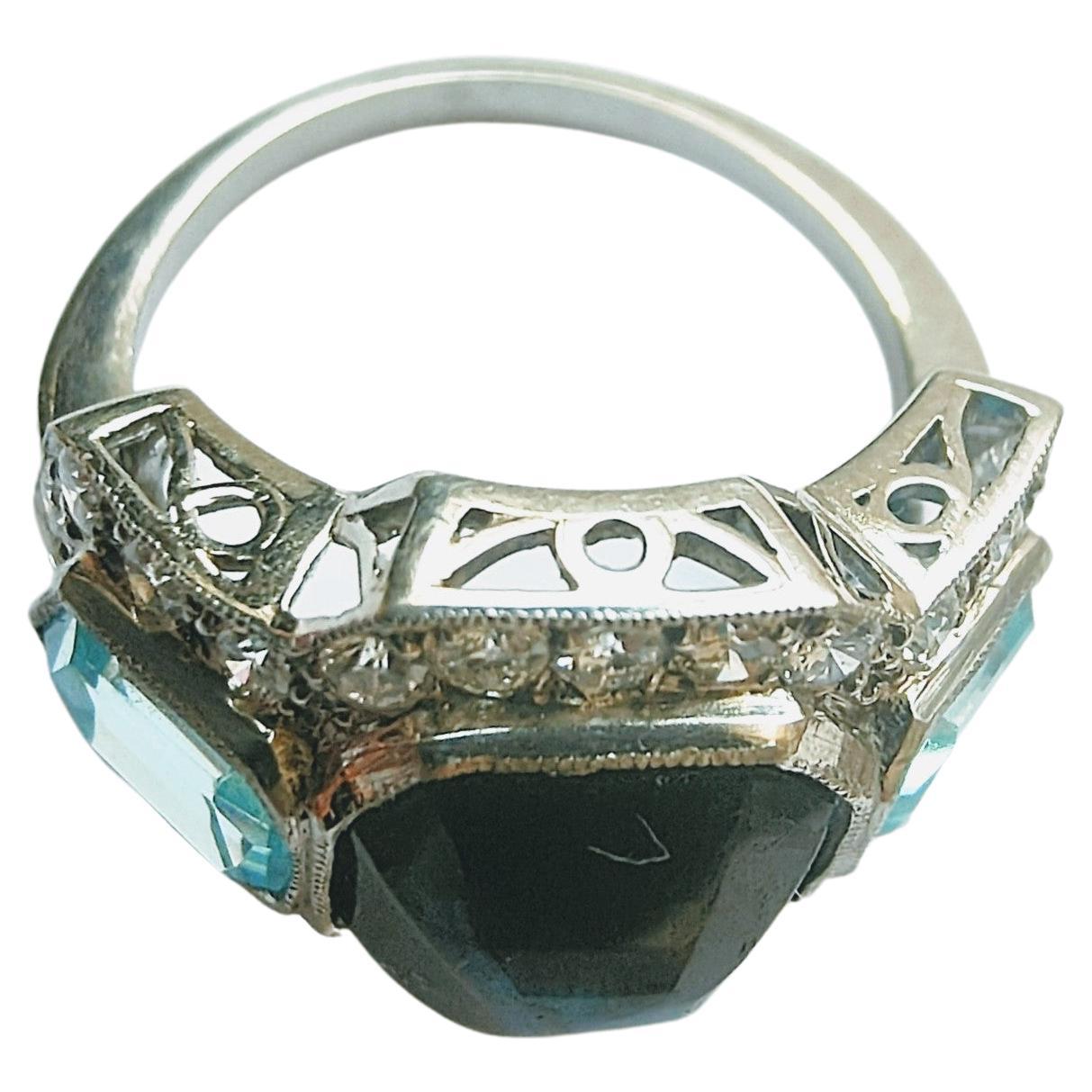 Ring Sugarloaf Cabochon Shappire Aquamarine and Diamond Brilliant Cut Platinum For Sale 3