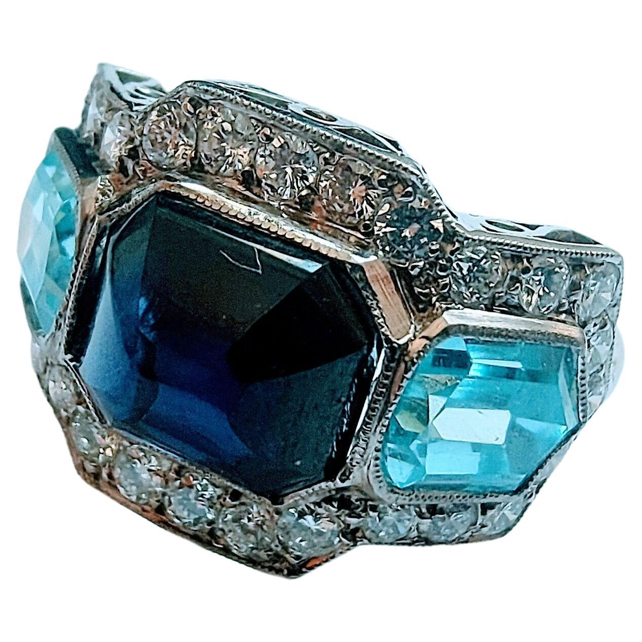 Ring Sugarloaf Cabochon Shappire Aquamarine and Diamond Brilliant Cut Platinum For Sale