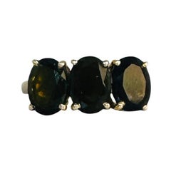 Ring Three Stone Yellow Gold 9k with Dark 3 Oval Dark Green Tourmalines 3 Carat