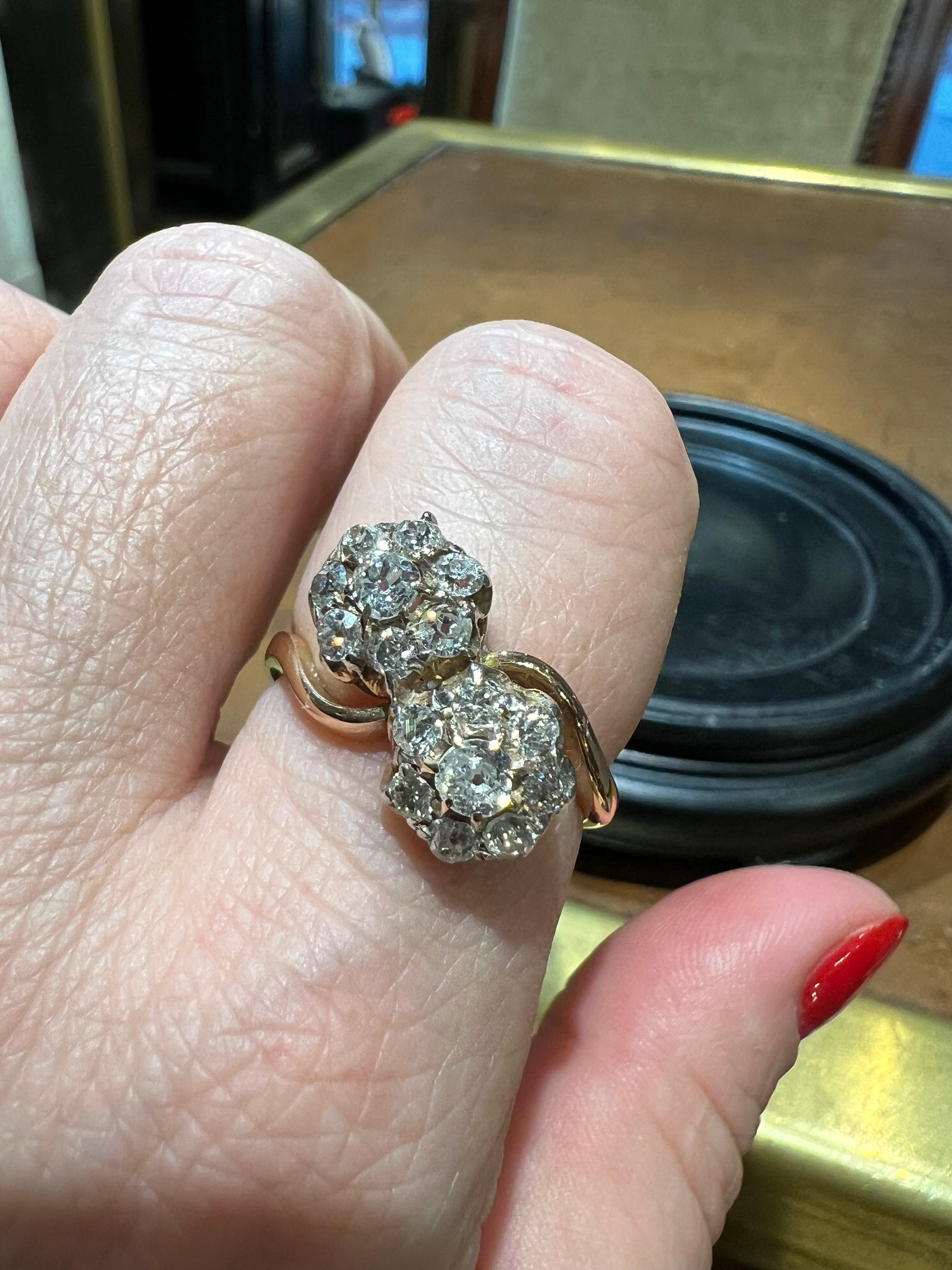 Ring “toi et moi” pave diamonds “antique cut” for 1.20 carat 18 carat gold For Sale 4