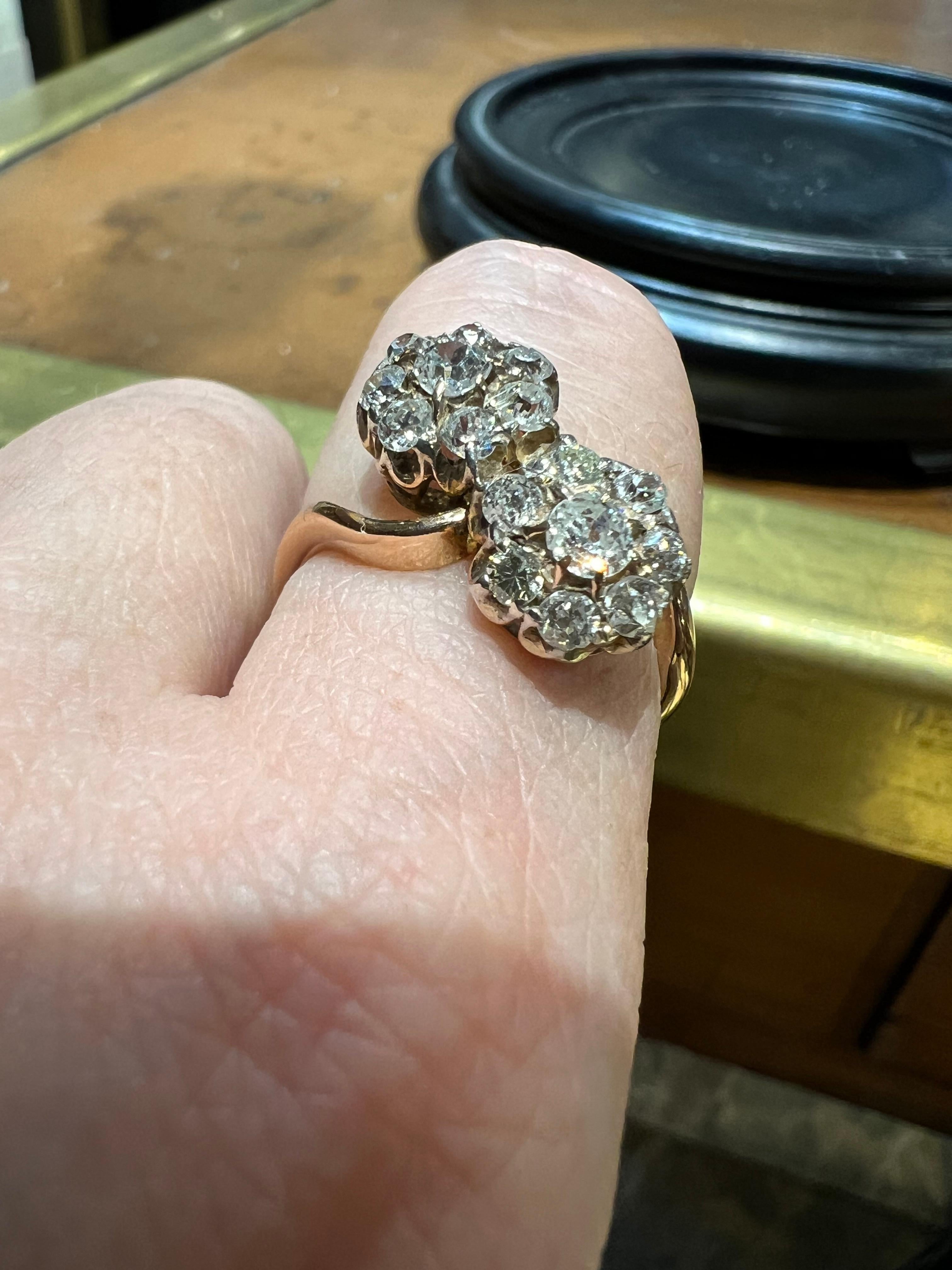 Ring “toi et moi” pave diamonds “antique cut” for 1.20 carat 18 carat gold For Sale 10
