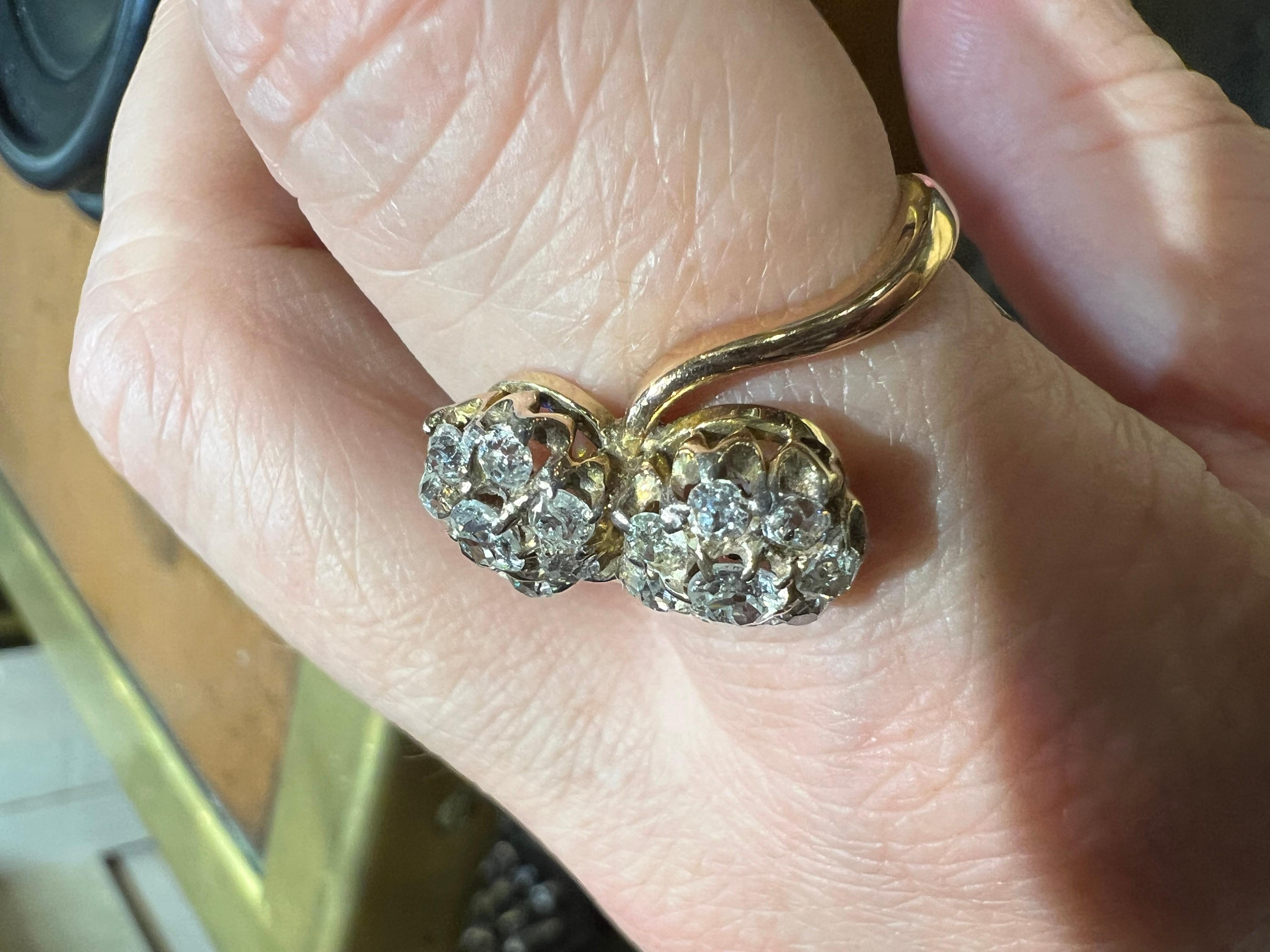 18ct rose gold ring set with old-cut diamonds totaling approx. 1.20ct, featuring stylized flowers
in the spirit of “toi et moi 
Late 19th century 
total weight: 5.30gr
size :61
Free resizing 
Size of each flower in diameter 0.85/0.90 cm 
proportions