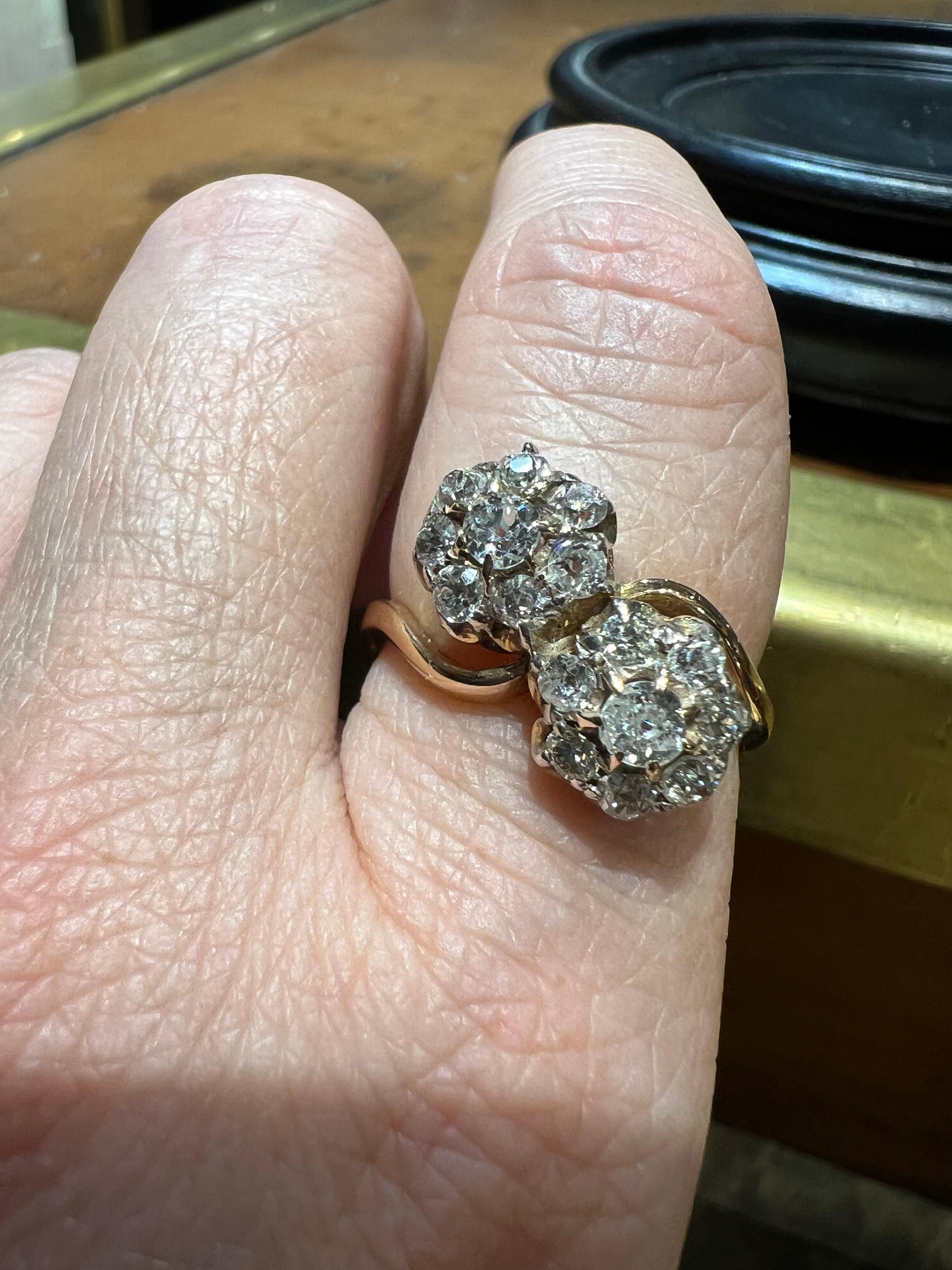 Napoleon III Ring “toi et moi” pave diamonds “antique cut” for 1.20 carat 18 carat gold For Sale