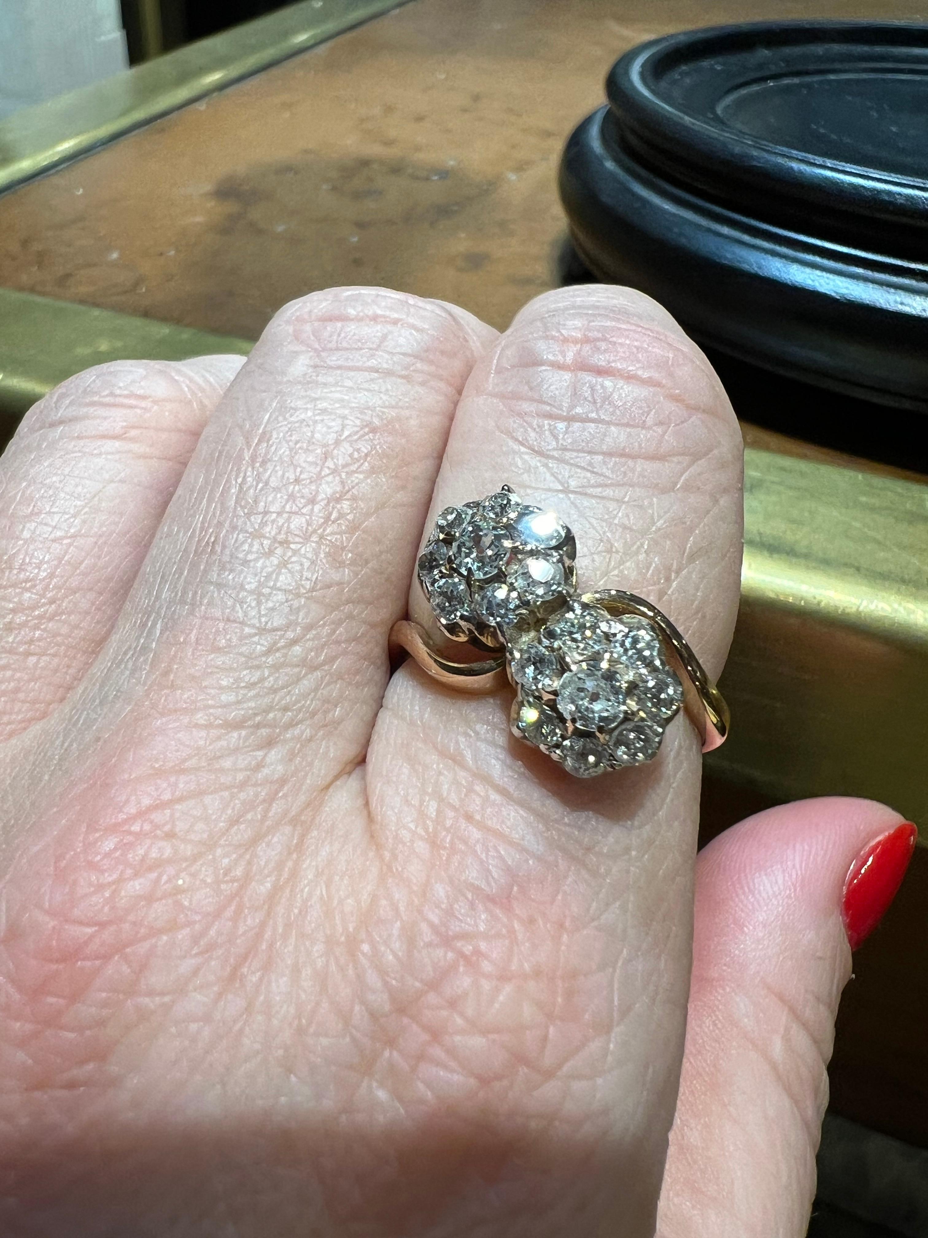Ring “toi et moi” pave diamonds “antique cut” for 1.20 carat 18 carat gold In Good Condition For Sale In SAINT-OUEN-SUR-SEINE, FR