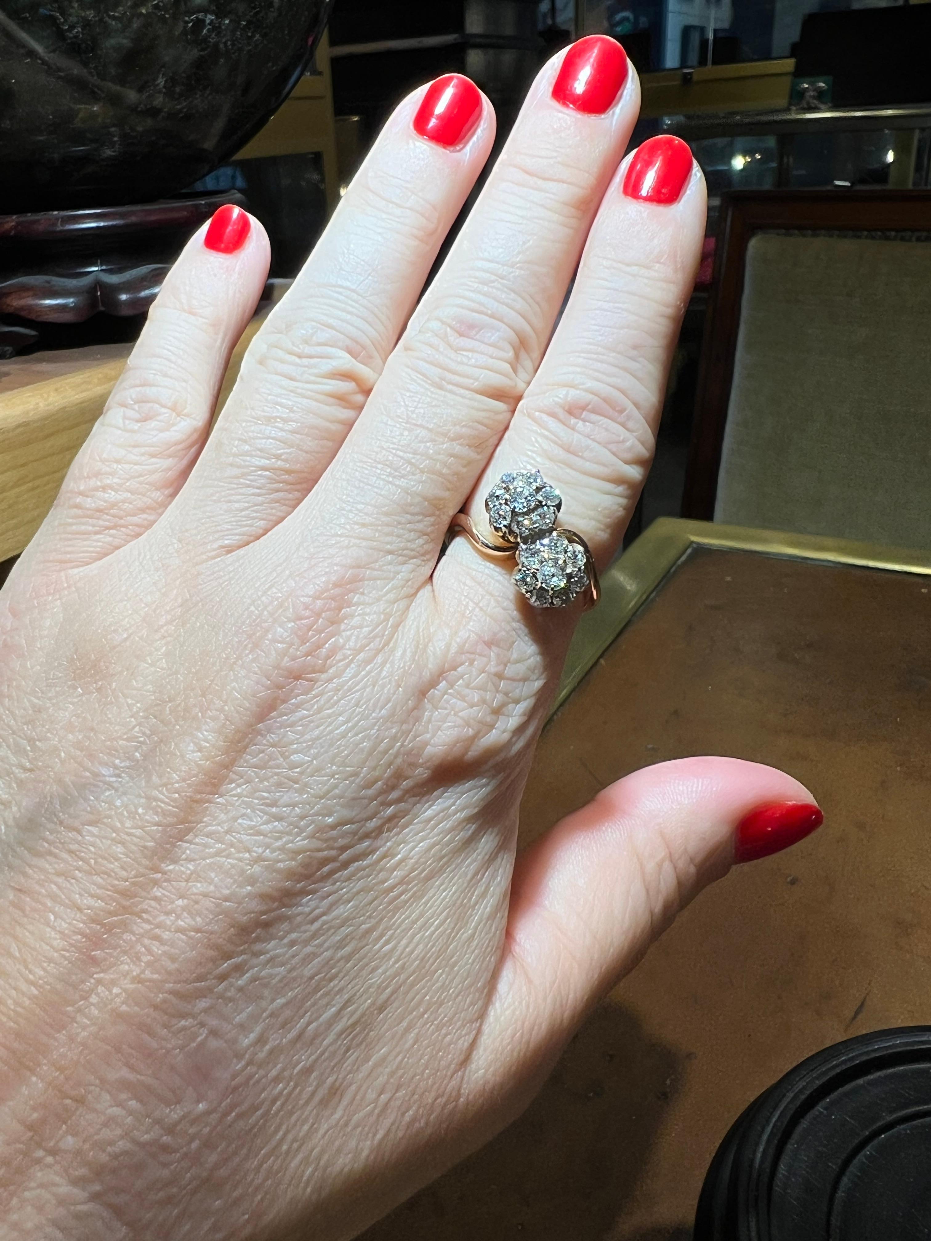 Ring “toi et moi” pave diamonds “antique cut” for 1.20 carat 18 carat gold For Sale 1