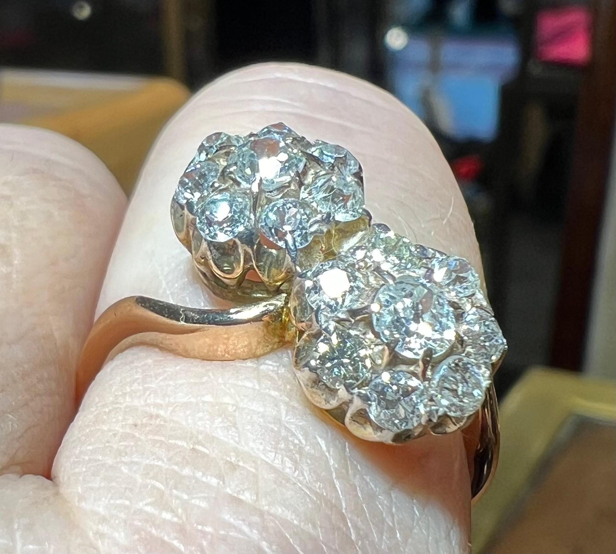 Ring “toi et moi” pave diamonds “antique cut” for 1.20 carat 18 carat gold For Sale 2
