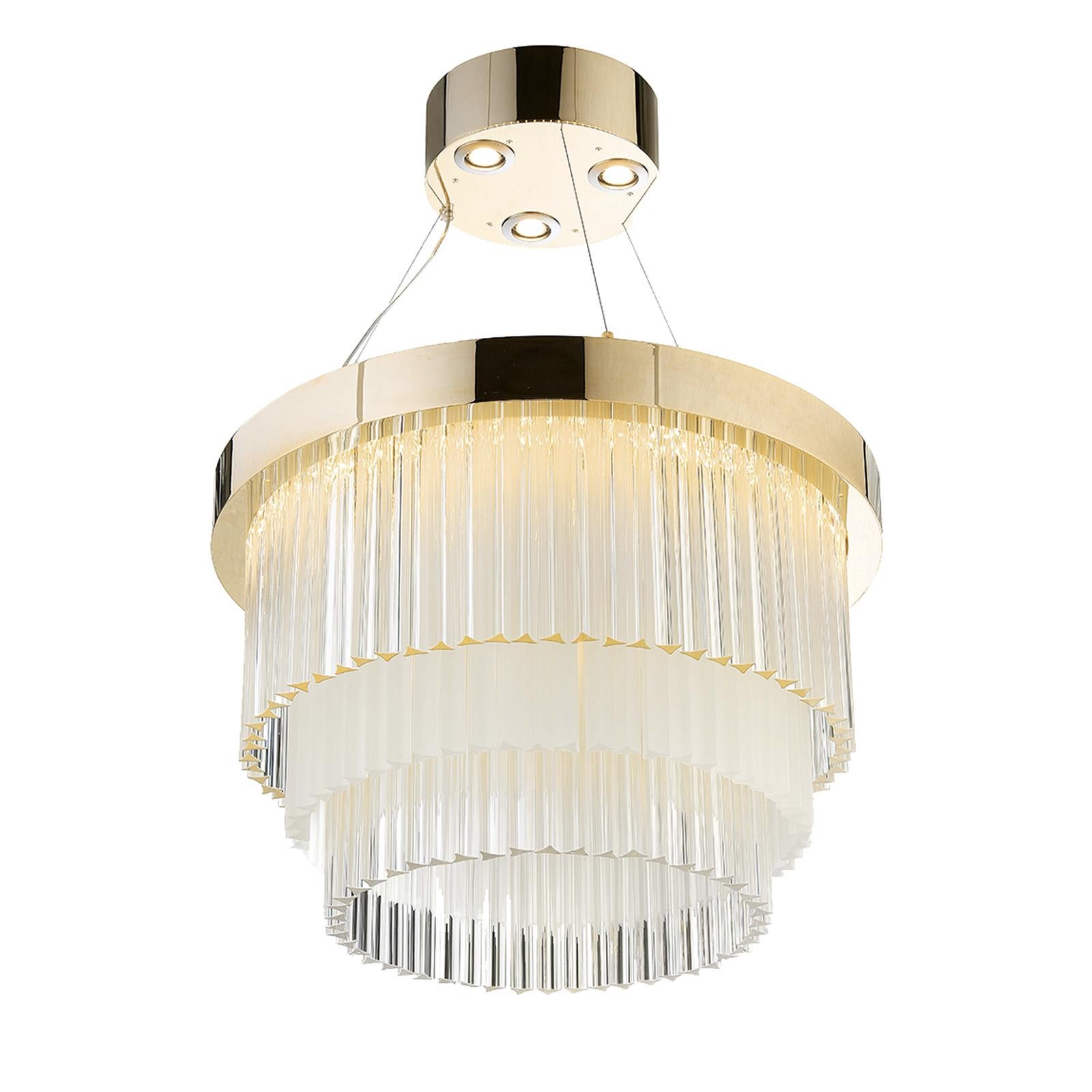 Part of the Ring collection, this superb, Art Deco, inspired chandelier will enrich the look of any room. Its round, metal structure is supported by a top piece with three GU10 LED lightbulbs connected to a central ring. From this ring element hang