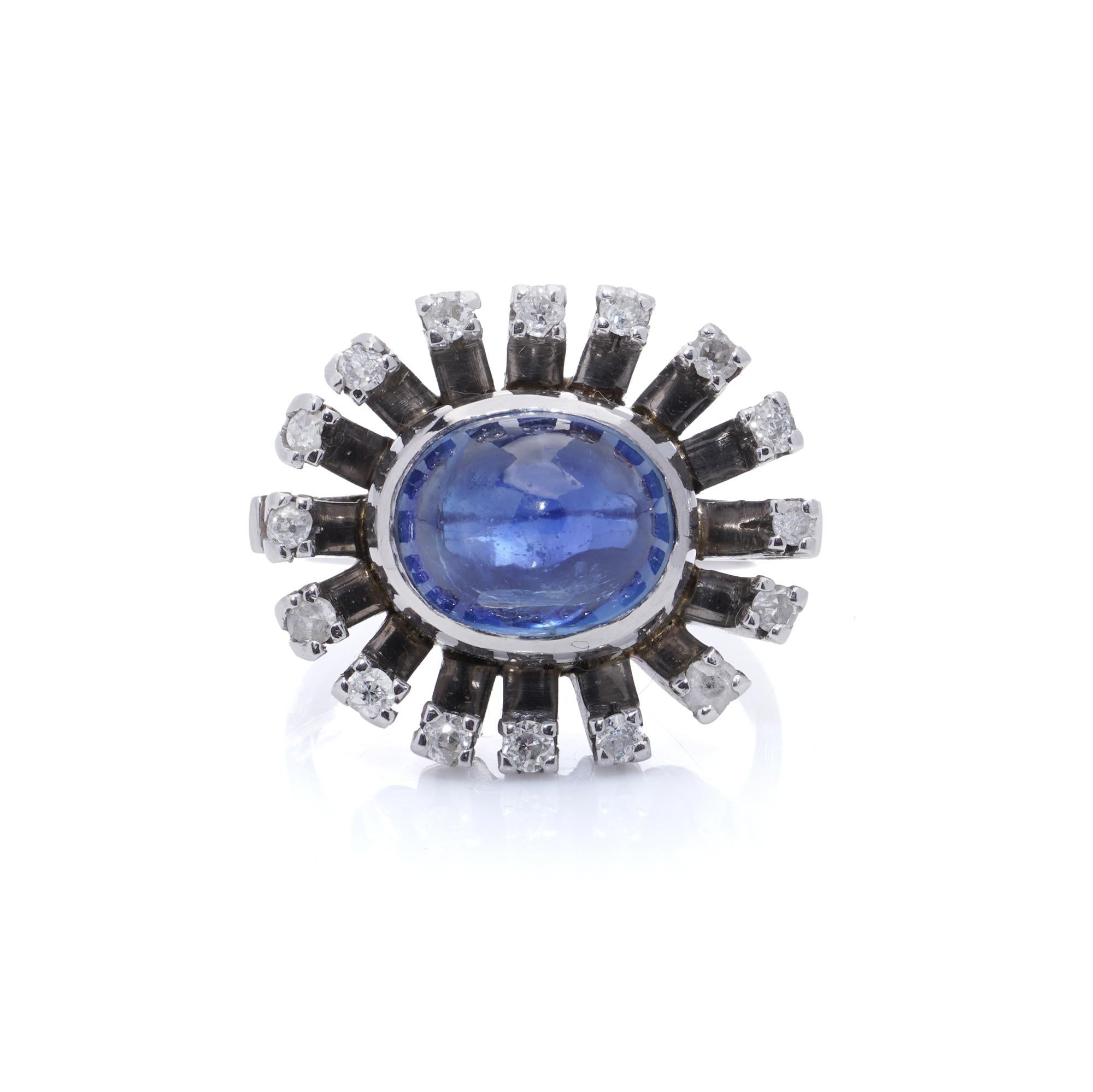 Bague vintage en saphir bleu cabochon (Cylan, non chauffé, naturel, non chauffé) et diamant en vente 4