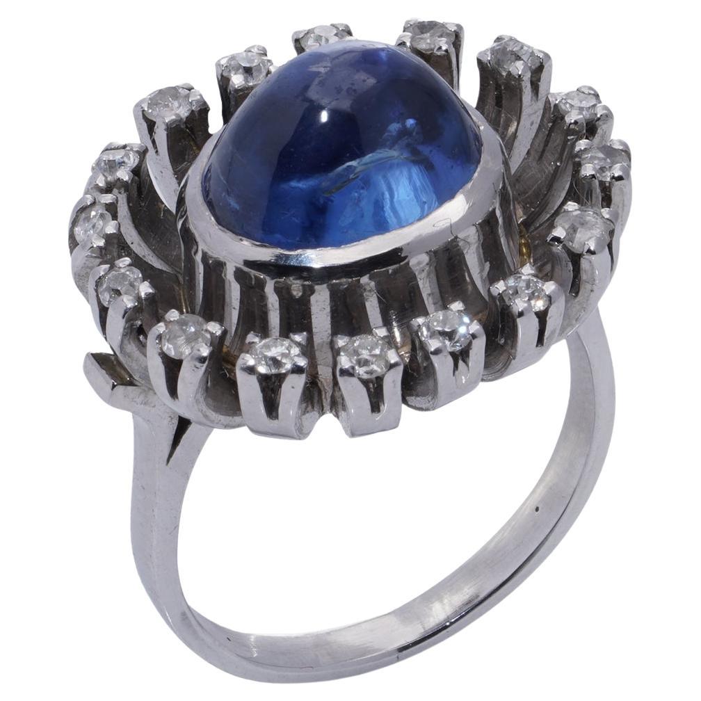 Ring Vintage Cabochon Blue Sapphire (CEYLON, NATURAL NO HEAT) and Diamond Ring