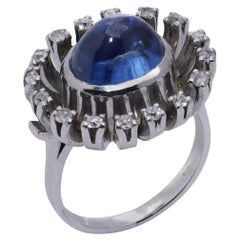 Ring Vintage Cabochon Blue Sapphire (CEYLON, NATURAL NO HEAT) and Diamond Ring