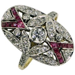 Ring, White and Yellow Gold, Antique, Art Deco Style, Diamonds and Ruby