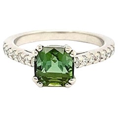 Ring White Gold 18 Carats Cushion Cut Tourmaline and Diamonds