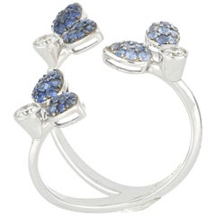 Ring White Gold 18 Karat White Diamond Color G - VS and Blue Sapphires Handmade