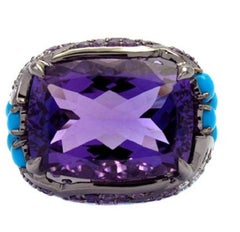Ring White Gold Amethyst Amethyst Rose de France Turquoise 17.96 Carat Diamonds