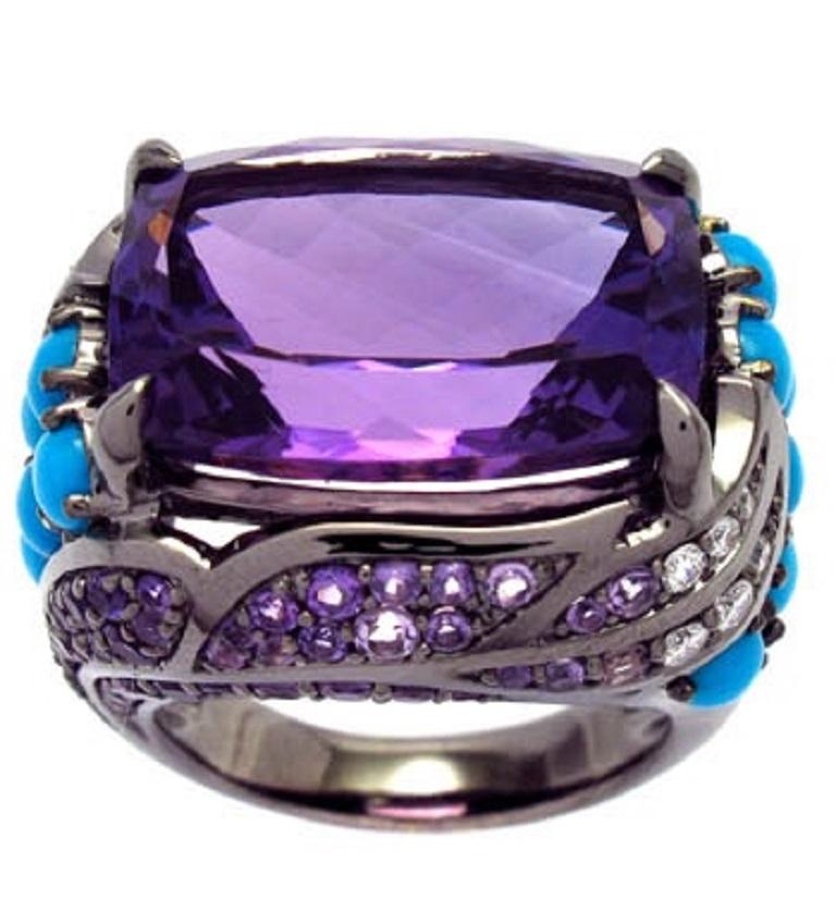 Art Deco Ring White Gold Amethyst Amethyst Rose de France Turquoise 17.96 Carat Diamonds For Sale