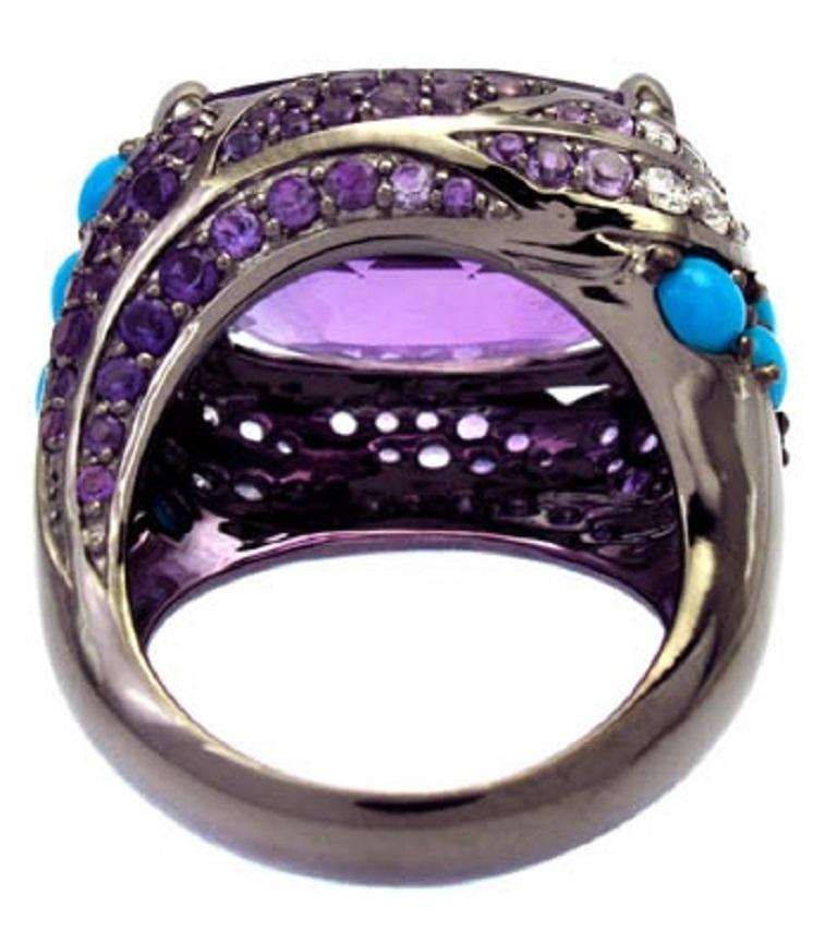 Women's Ring White Gold Amethyst Amethyst Rose de France Turquoise 17.96 Carat Diamonds For Sale