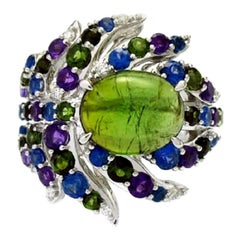 Ring White Gold Green Tourmaline Amethyst Sapphire 4.85 Carat Diamonds
