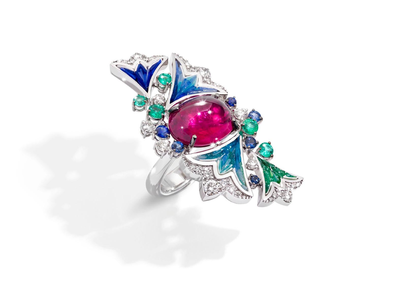 Brilliant Cut Ring White Gold White Diamonds Emeralds Sapphires Amethyst Decorated MicroMosaic For Sale
