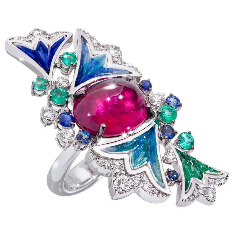 Ring White Gold White Diamonds Emeralds Sapphires Amethyst Decorated MicroMosaic