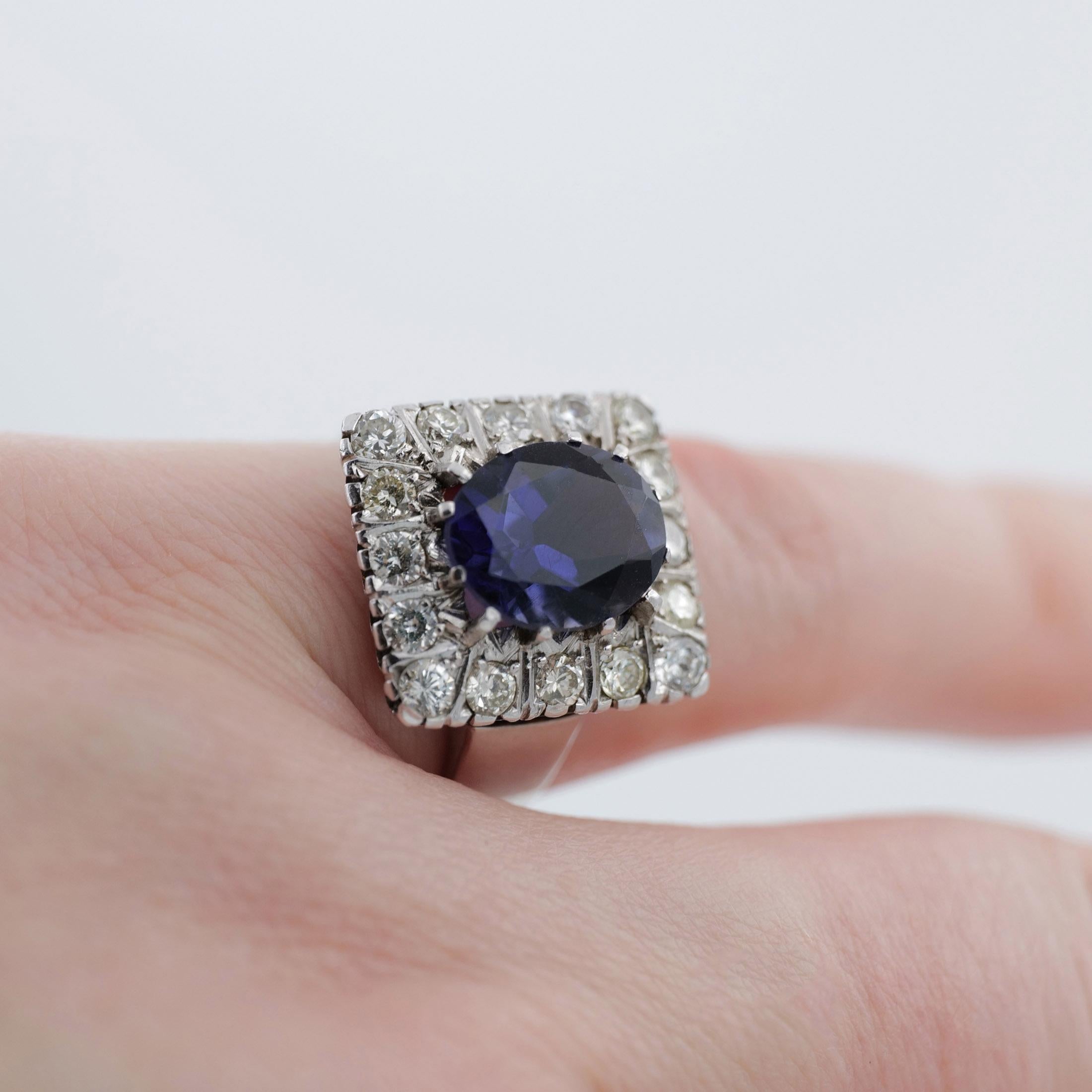 Modern Ring with 2 carat tanzanite stone and diamonds in 18 ct. white gold For Sale