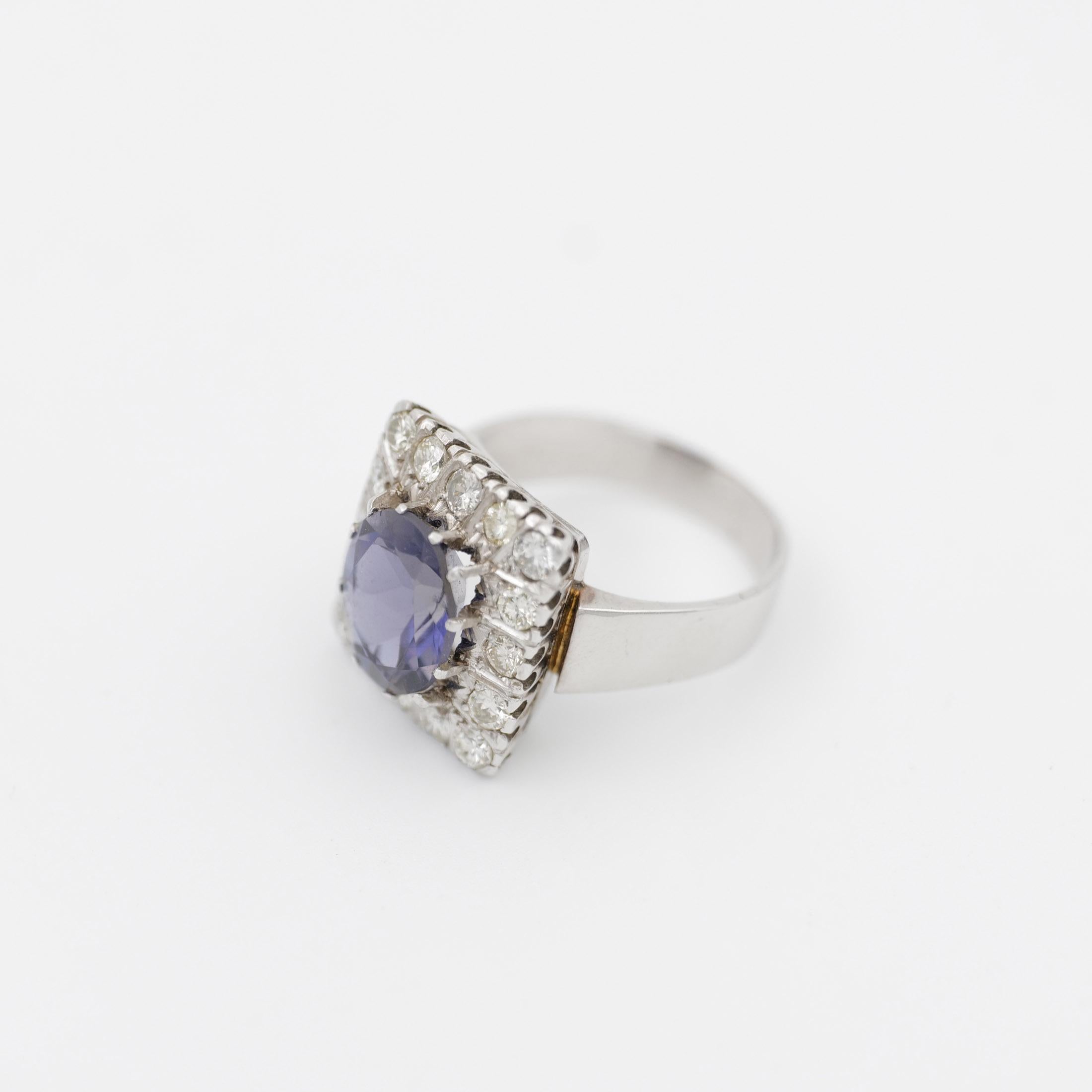 German Ring with 2 carat tanzanite stone and diamonds in 18 ct. white gold For Sale