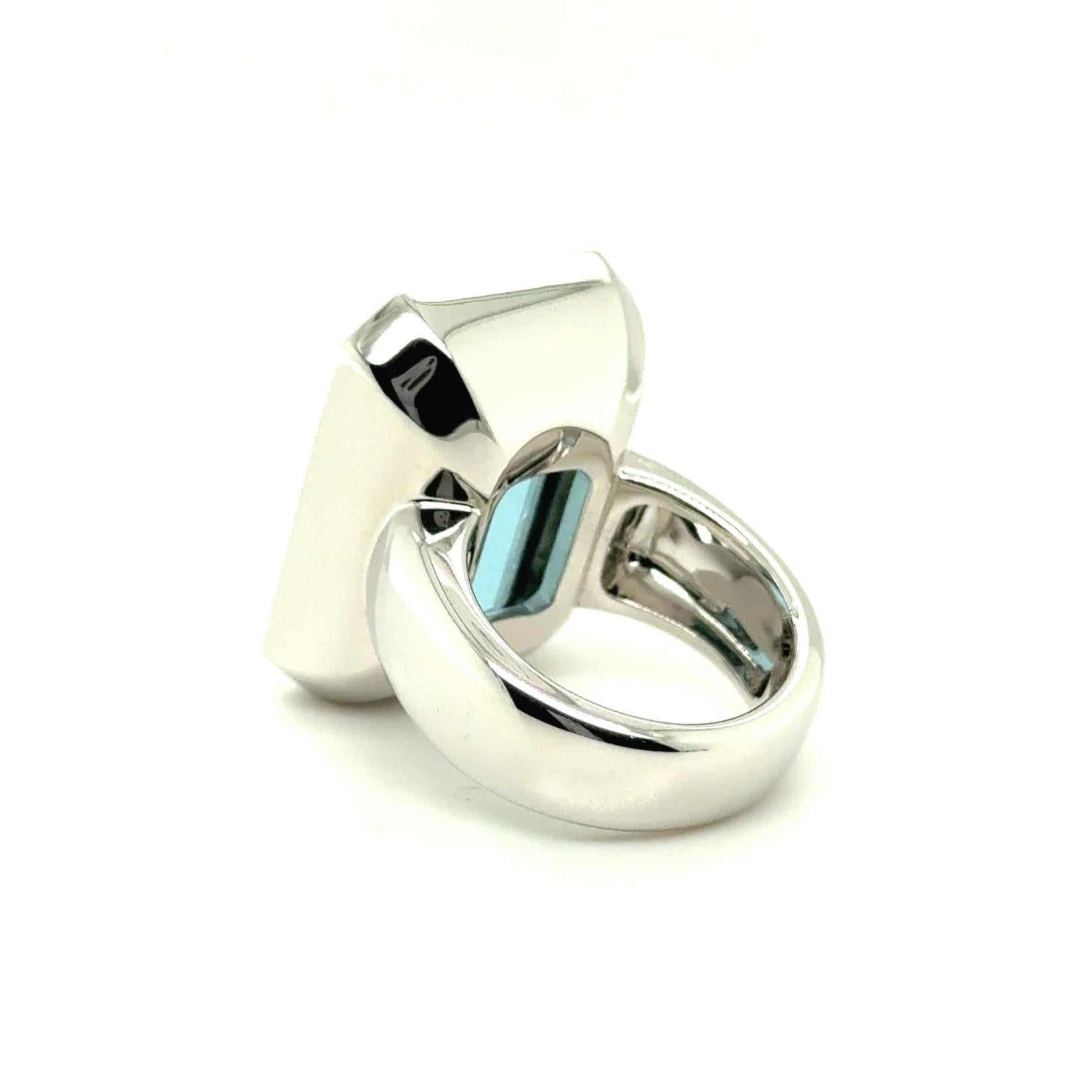Modern Ring with 24.55 Carat Blue Aquamarine in 18 Karat White Gold by Gübelin For Sale