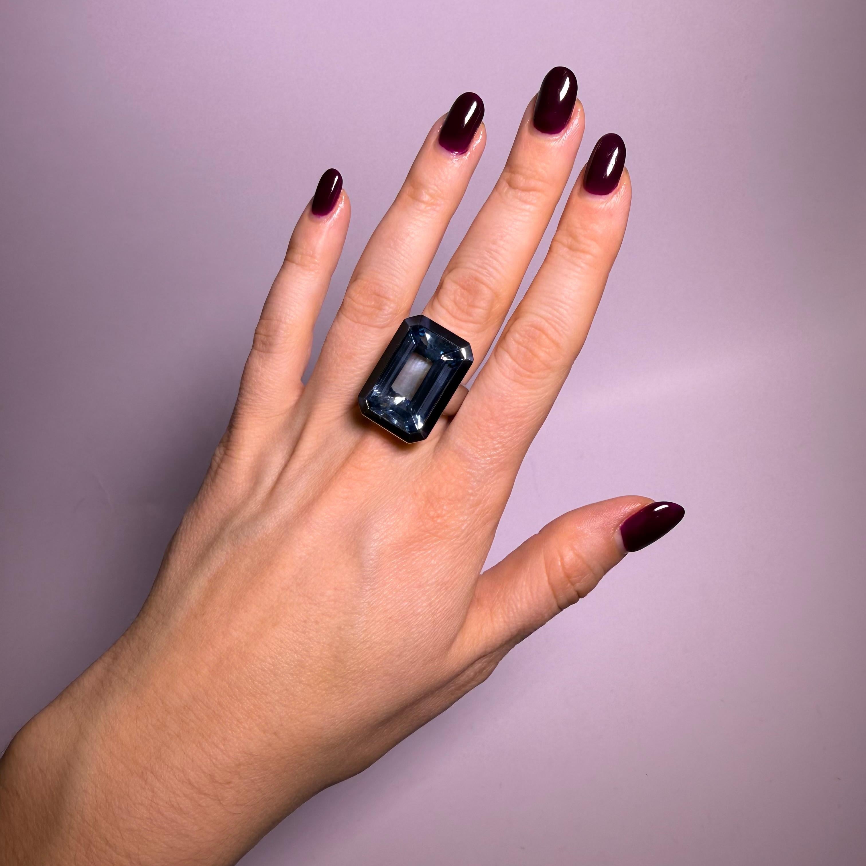 Octagon Cut Ring with 24.55 Carat Blue Aquamarine in 18 Karat White Gold by Gübelin For Sale