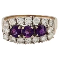 Vintage Ring with 3 Amethysts and 16 Brilliant-Cut Diamonds Total Approx. 1.2 Ct