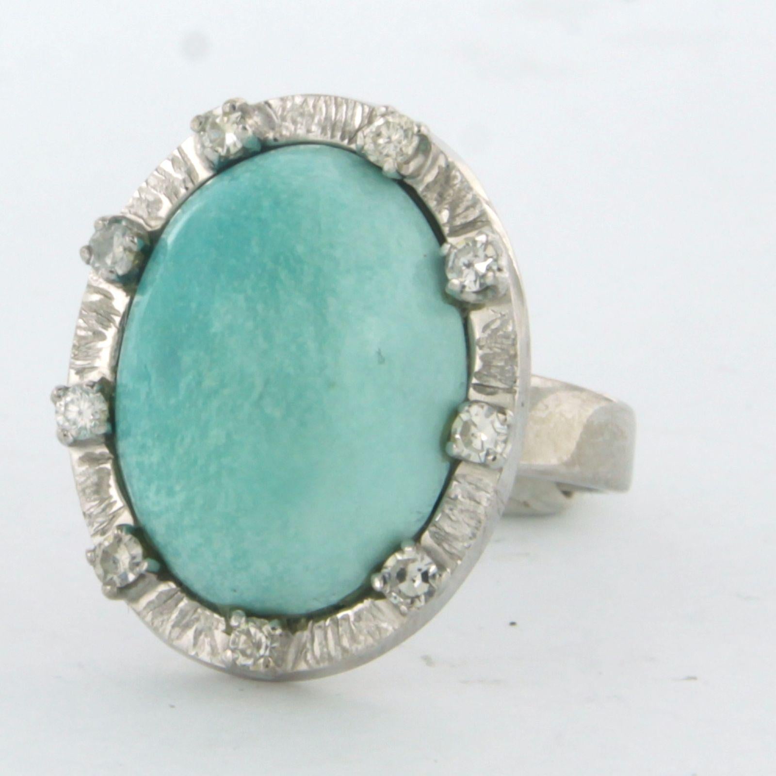 Women's or Men's Ring with amazonite and single cut diamonds 0.18ct 18k white gold For Sale