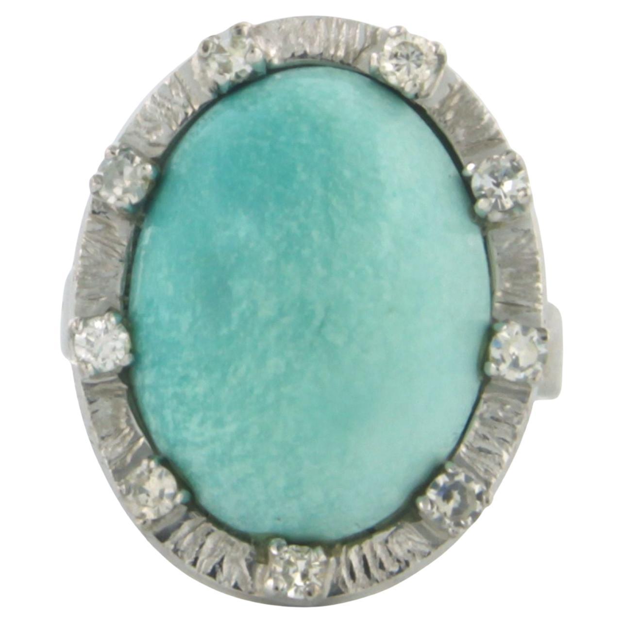 Ring with amazonite and single cut diamonds 0.18ct 18k white gold For Sale