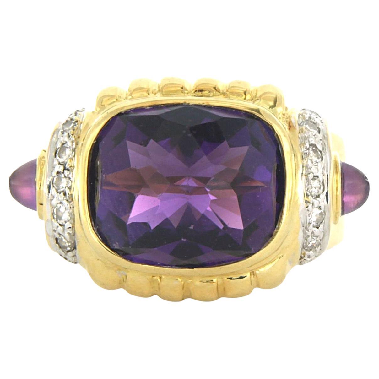 Ring with amethyst and brilliant cut diamonds up to 0.20ct 15.0 grams 18k gold For Sale